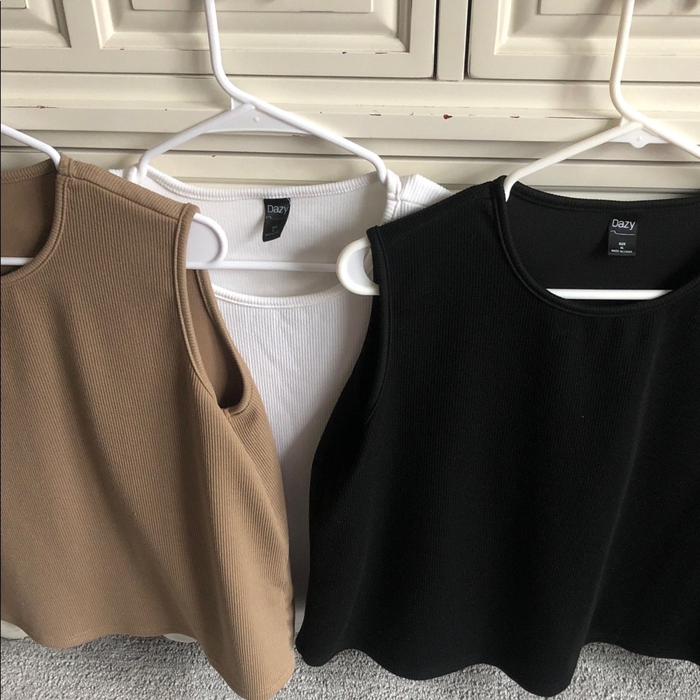 3 Ribbed Sleeveless Tank Tops — Black, White, Tan